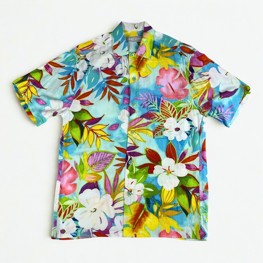 Jams World Button Up‎ Shirt Mens XS Flower Floral Hawaiian Rayon Shirt Resort